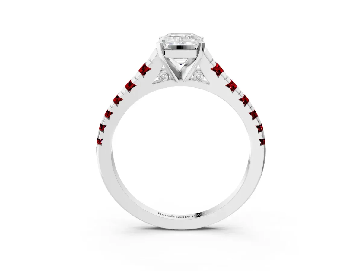 Emerald Cut Diamond Cathedral Solitaire Ring with Round Ruby Pavé Band Platinum