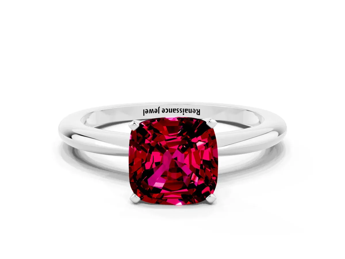 Cushion Cut Garnet Solitaire Ring with Six-Prong Setting and Classic Band Silver