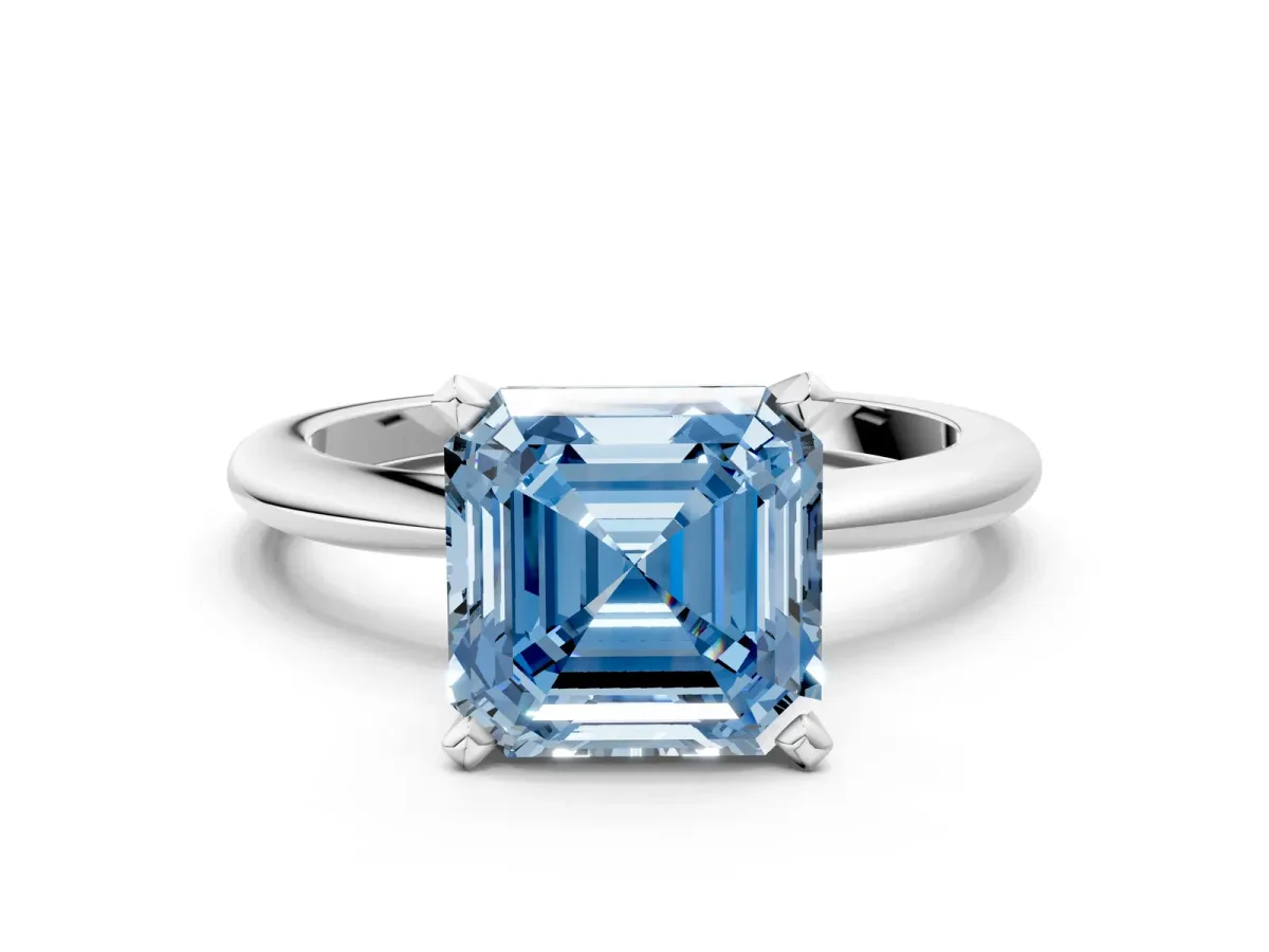 Fancy Blue Asscher Cut Diamond Solitaire Ring with Six-Prong Setting and Classic Band Silver