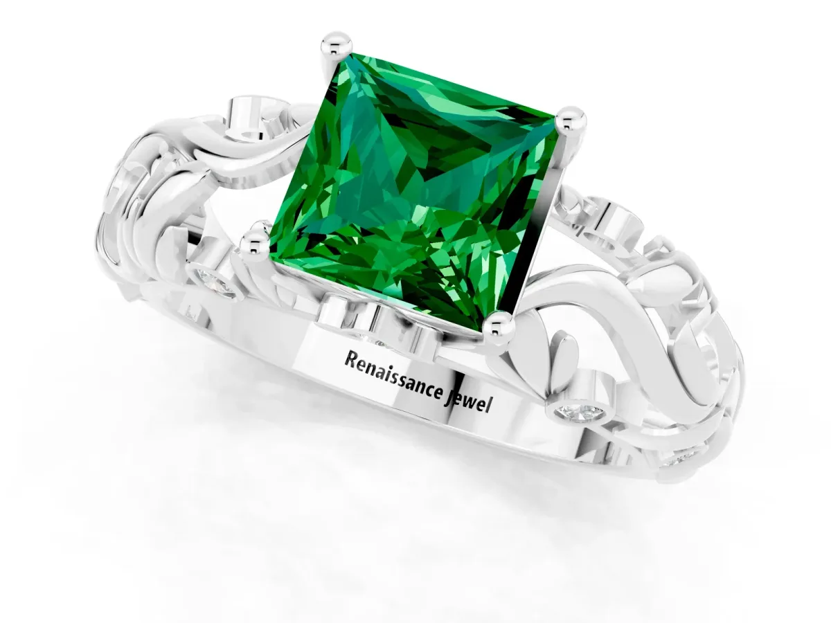 Princess Cut Solitaire Emerald Leaf-Inspired Vine Band Ring with Prong Setting White gold
