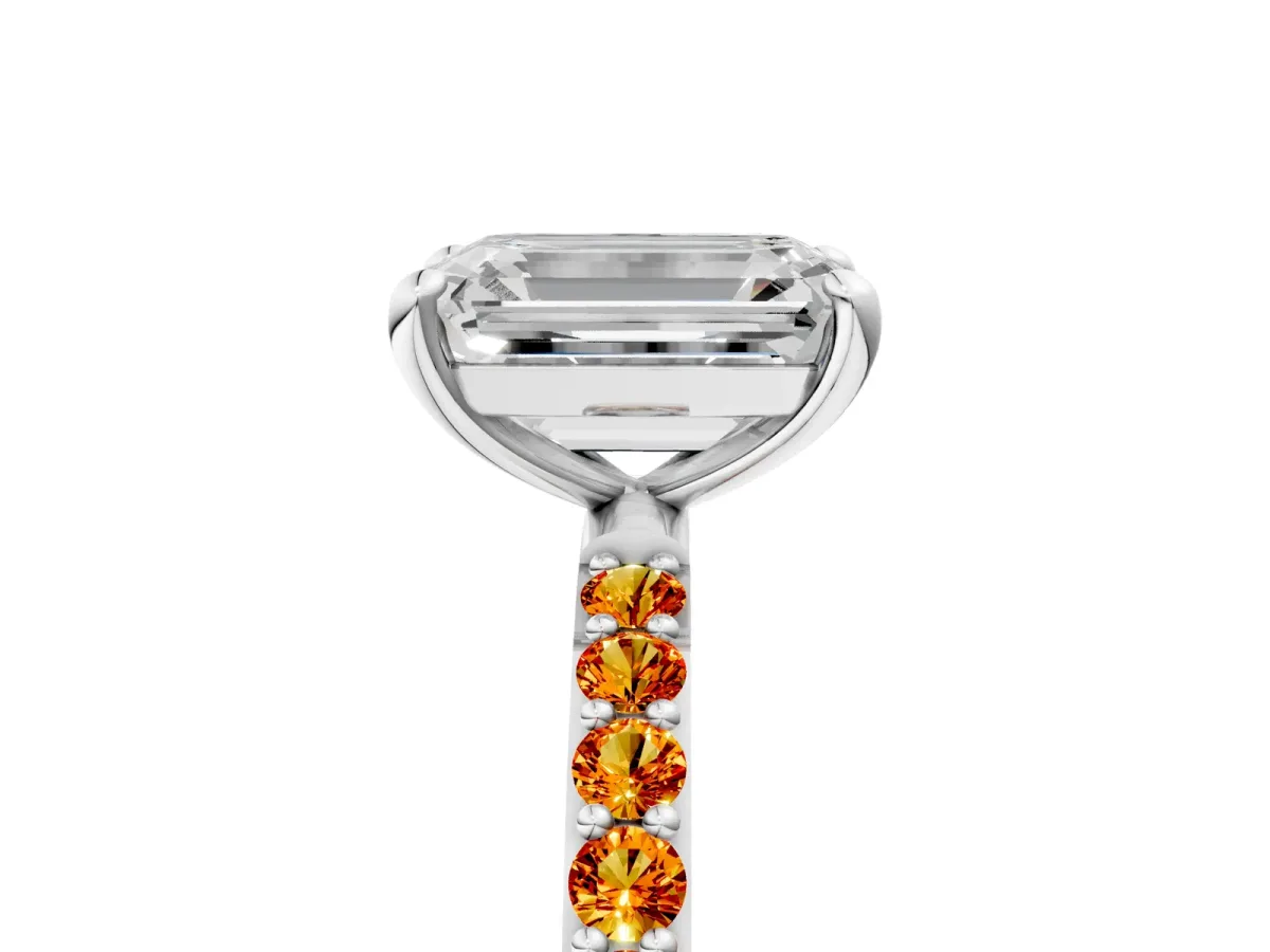 Emerald Cut Diamond Solitaire Ring with Round Citrine Pavé Band and Prong Setting Silver