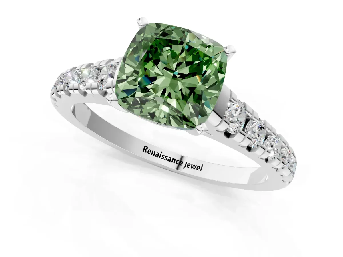 Fancy Green Cushion Cut Diamond Cathedral Solitaire Ring with Round Pavé Band Silver