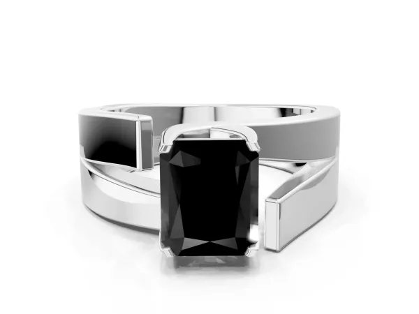 Fancy Black Modern Tension Set Radiant Cut Diamond Solitaire Wide Band Ring Platinum