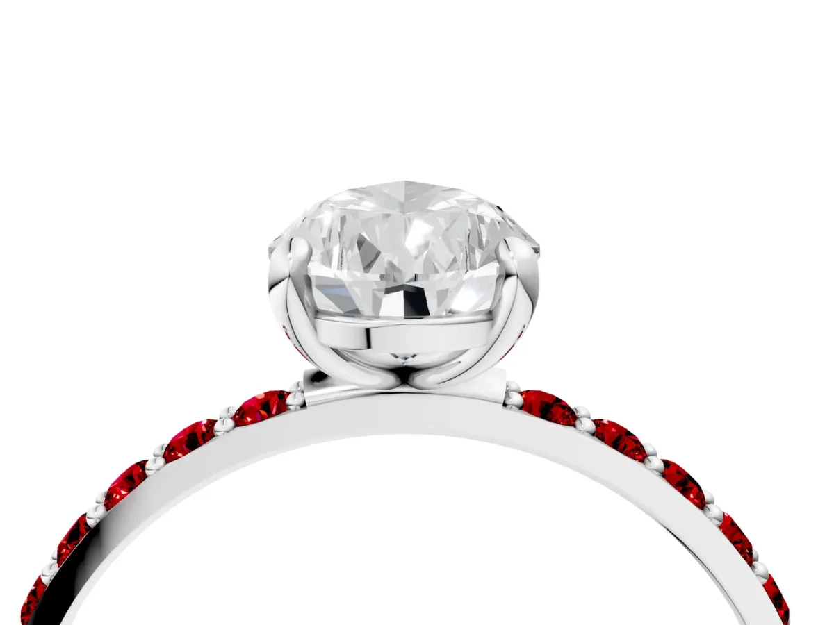 Pear Cut Diamond Solitaire Ring with Round Ruby Pavé Band and Prong Setting Silver
