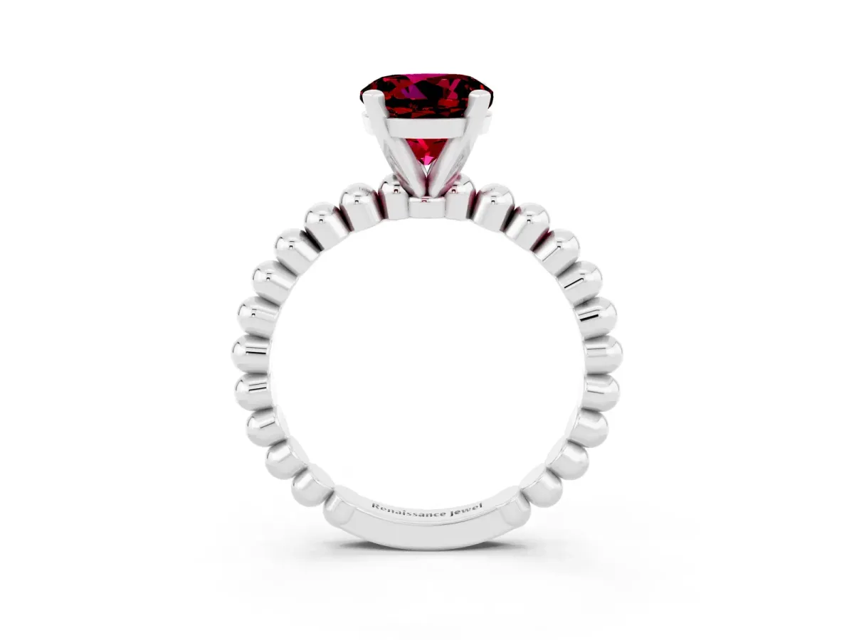 Round Cut Garnet Solitaire Ring with Beaded Band and Prong Setting Silver