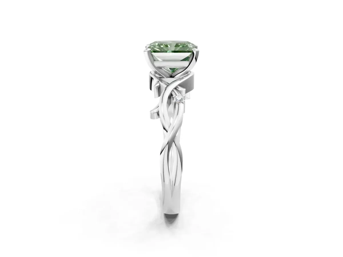 Fancy Green Radiant Cut Diamond Solitaire Ring with Twisted Band and Prong Setting Silver