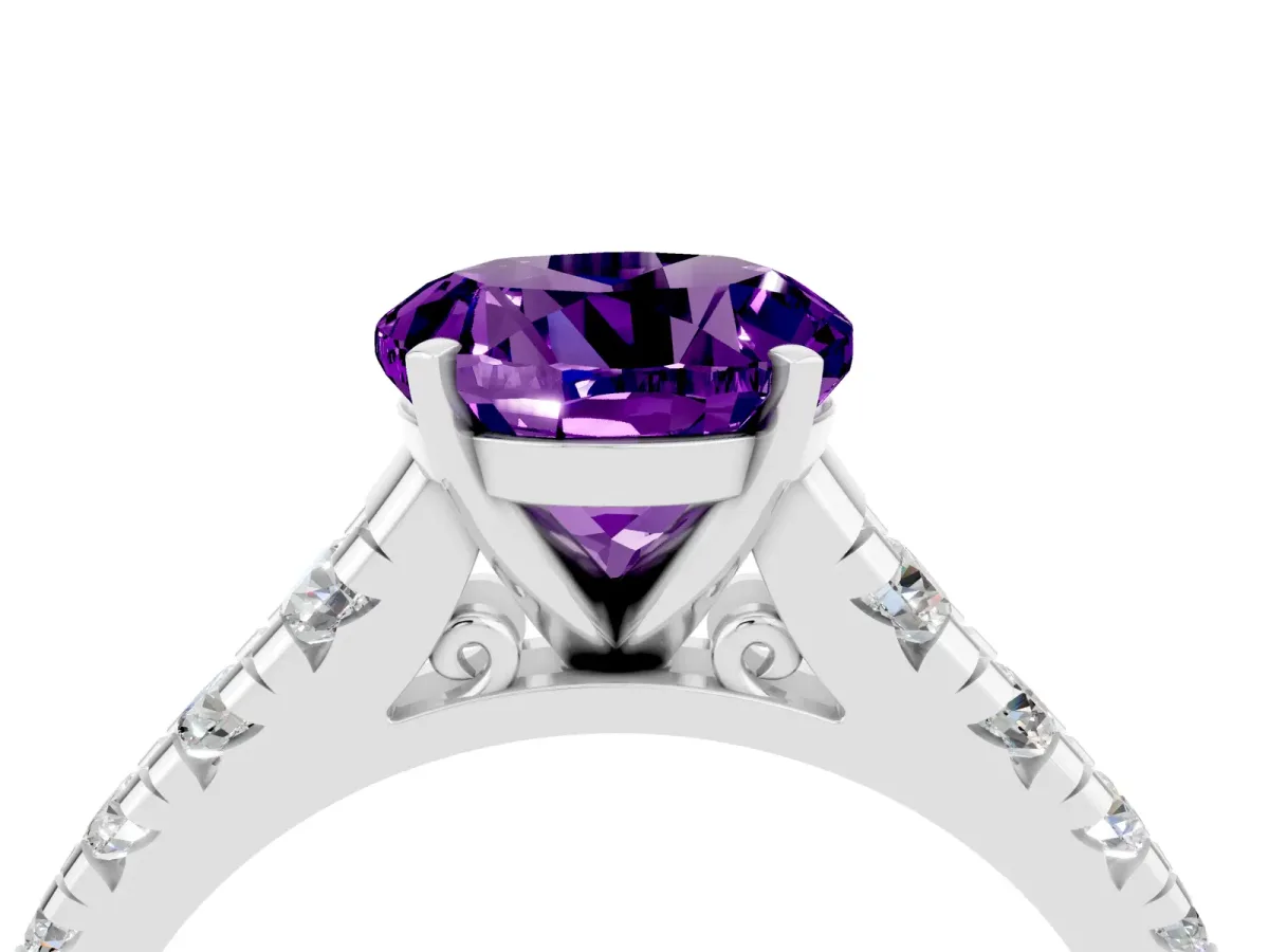 Round Cut Amethyst Cathedral Solitaire Ring with Round Pavé Band Silver