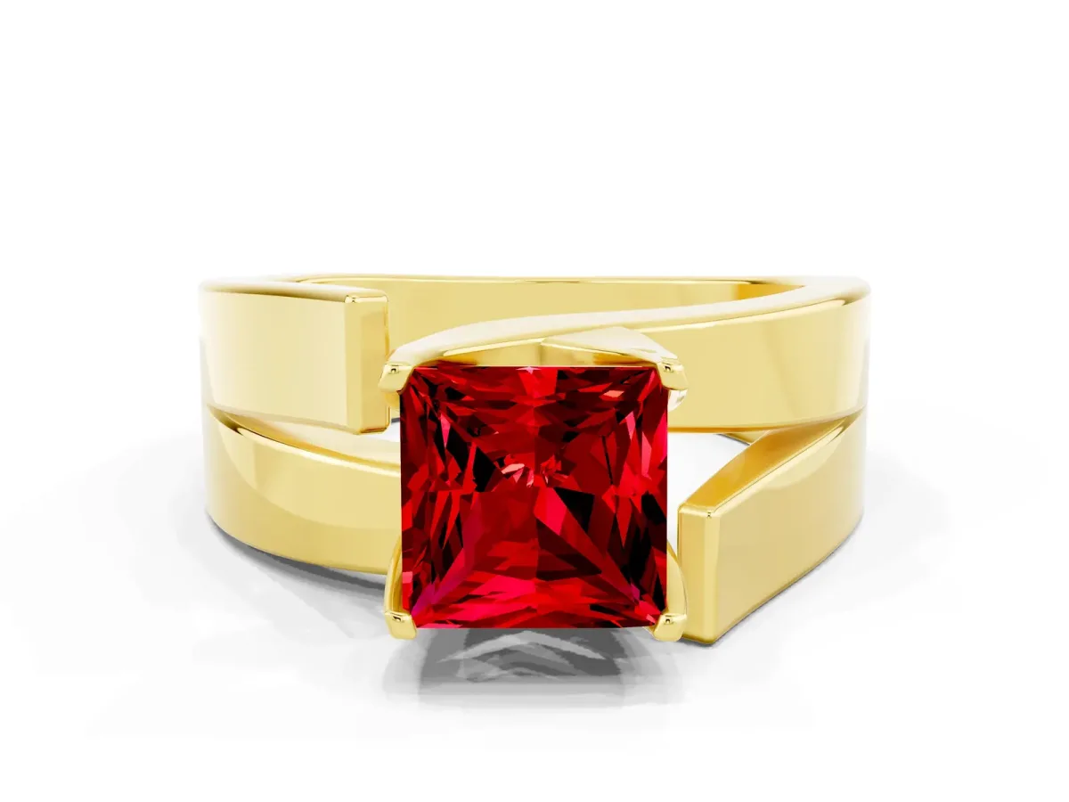 Modern Tension Set Princess Cut Ruby Solitaire Wide Band Ring Yellow gold