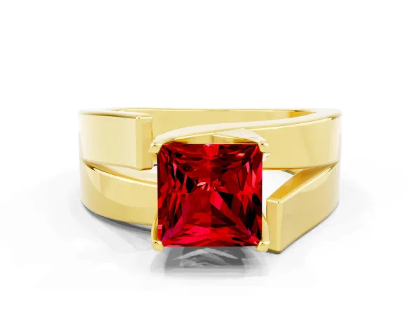 Modern Tension Set Princess Cut Ruby Solitaire Wide Band Ring Yellow gold