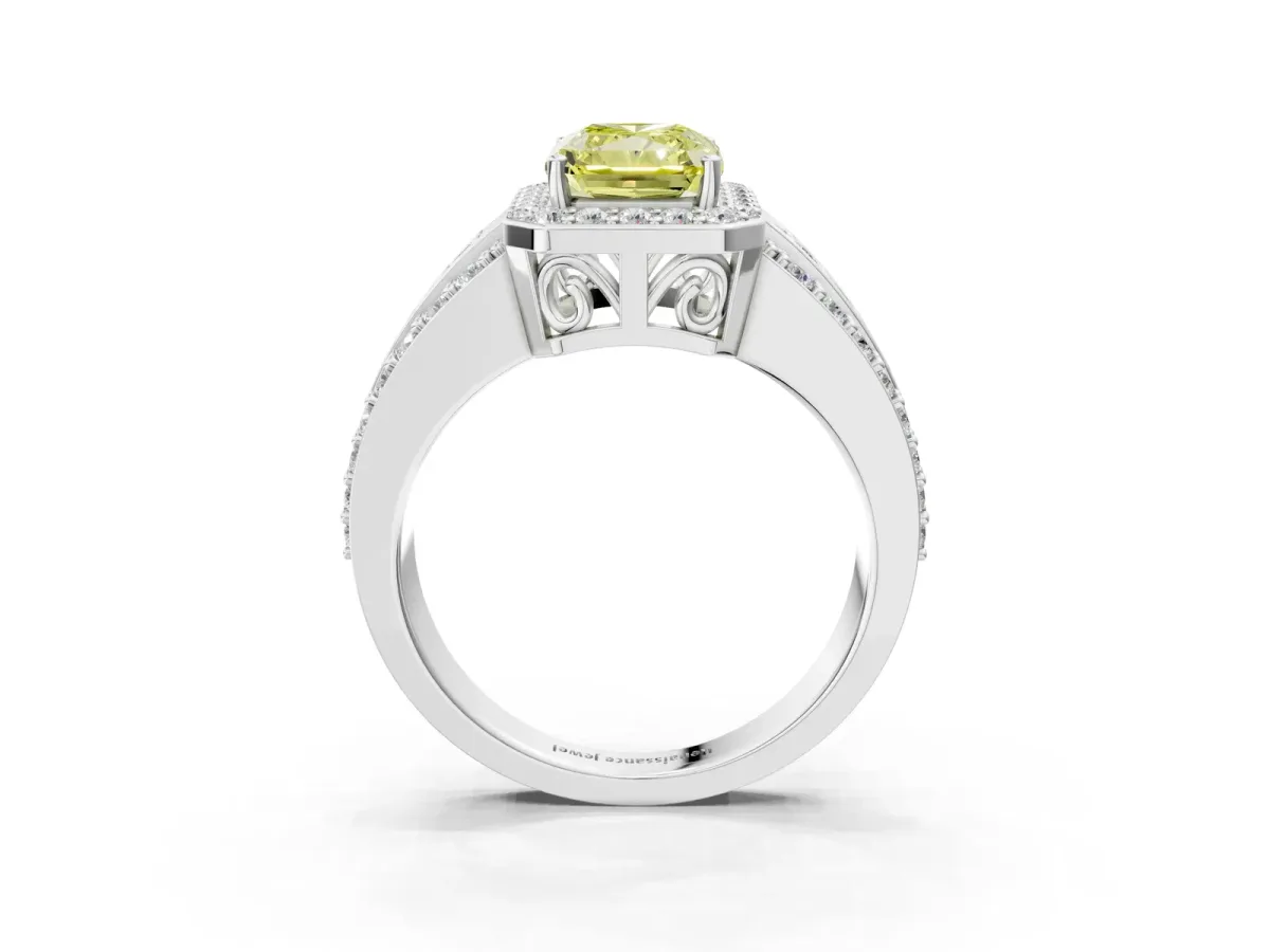 Fancy Yellow Radiant Cut Halo Diamond Ring with Round Split Shank and Prong Setting Silver