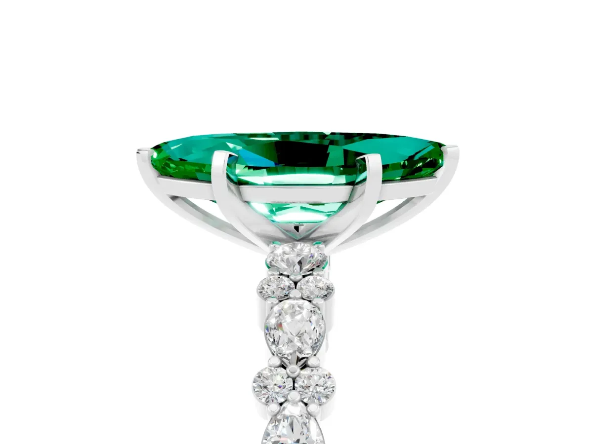 Marquise Cut Emerald Side Stone Solitaire Ring with Round and Four-Prong Setting Platinum