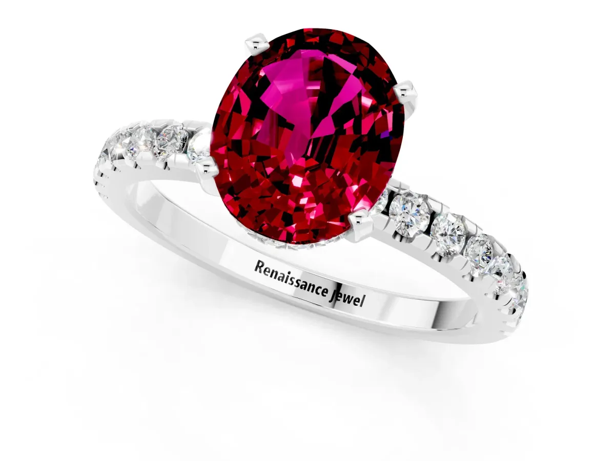 Oval Cut Garnet Solitaire Ring with Round Pavé Band and Four-Prong Setting Silver