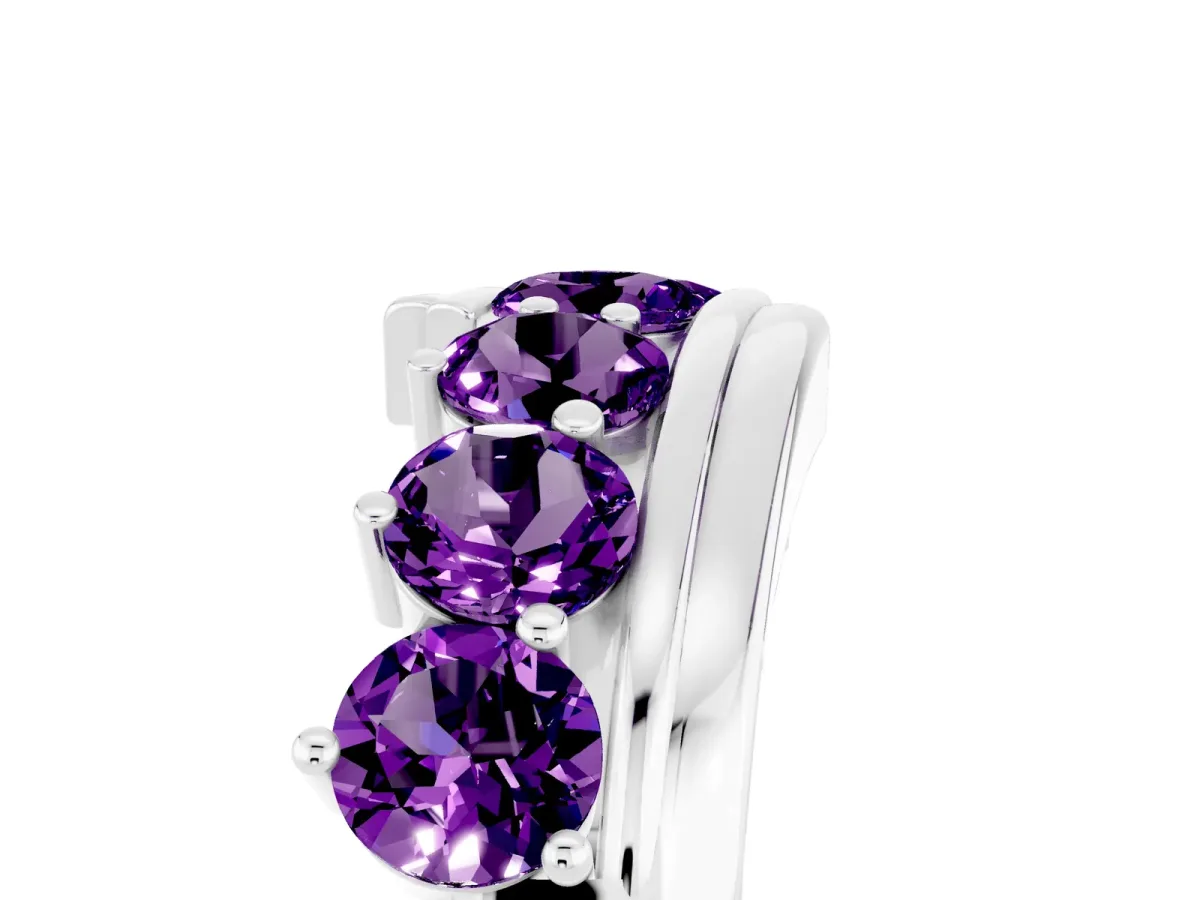 Round Amethyst Wave Band with Channel and Shared Prong Setting White gold