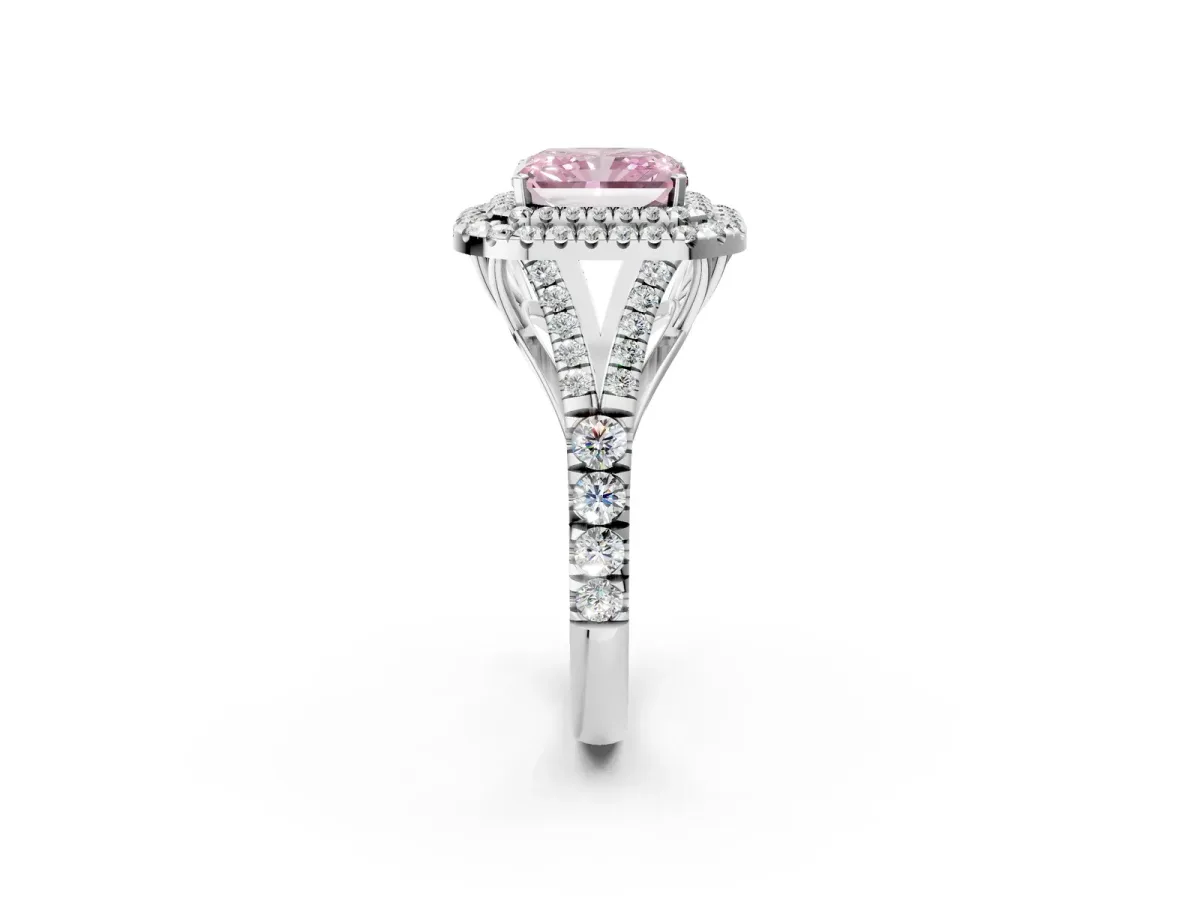 Fancy Pink Radiant Cut Cut Double Halo Split Shank Diamond Ring with Prong Setting Platinum