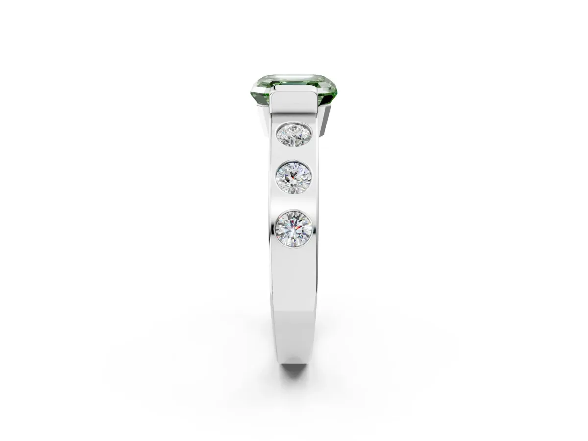 Fancy Green Asscher Cut Brilliant Channel-Set Diamond Ring with Bezel Prong Setting Platinum