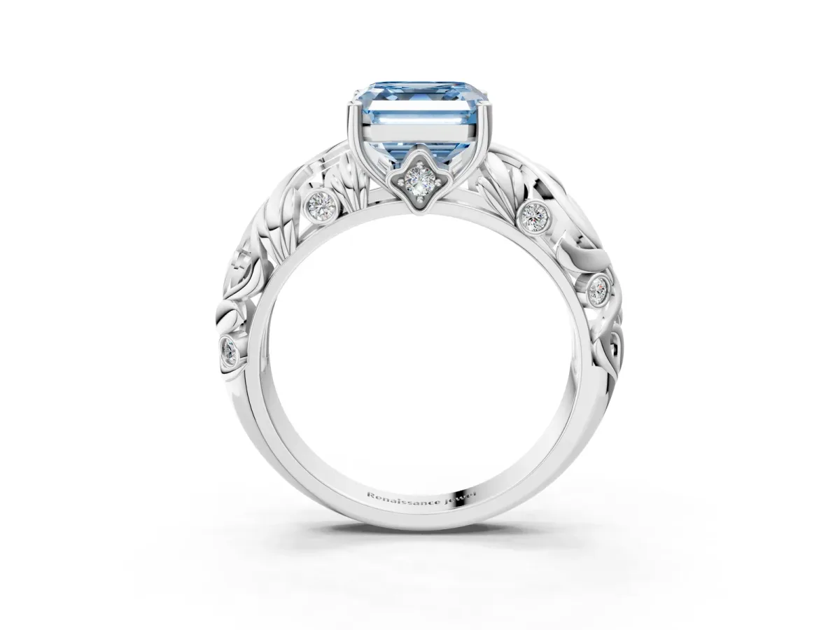 Fancy Blue Asscher Cut Solitaire Diamond Leaf-Inspired Vine Band Ring with Prong Setting Platinum