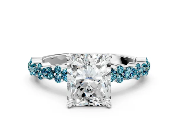Radiant Cut Diamond Side Stone Solitaire Ring with Round Blue Topaz and Four-Prong Setting Platinum