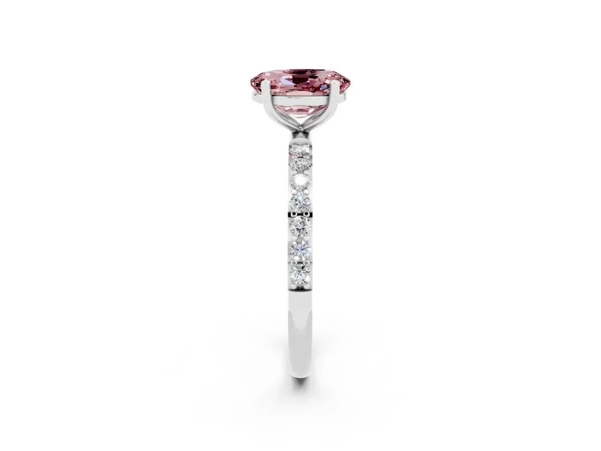 Oval Cut Morganite Solitaire Ring with Round Pavé Band and Prong Setting Platinum