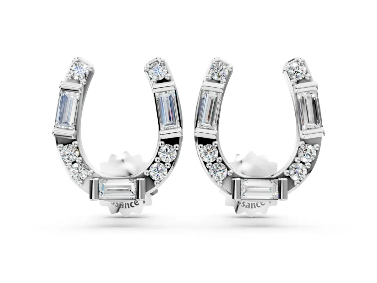 Baguette and Round Diamond Horseshoe Stud Earrings Platinum
