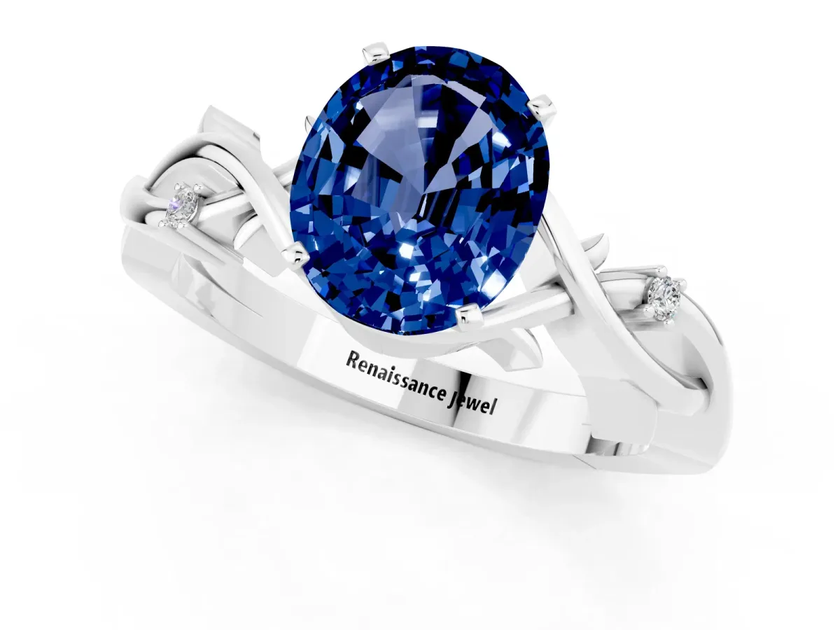 Oval Cut Blue Sapphire Solitaire Ring with Twisted Band and Prong Setting Silver