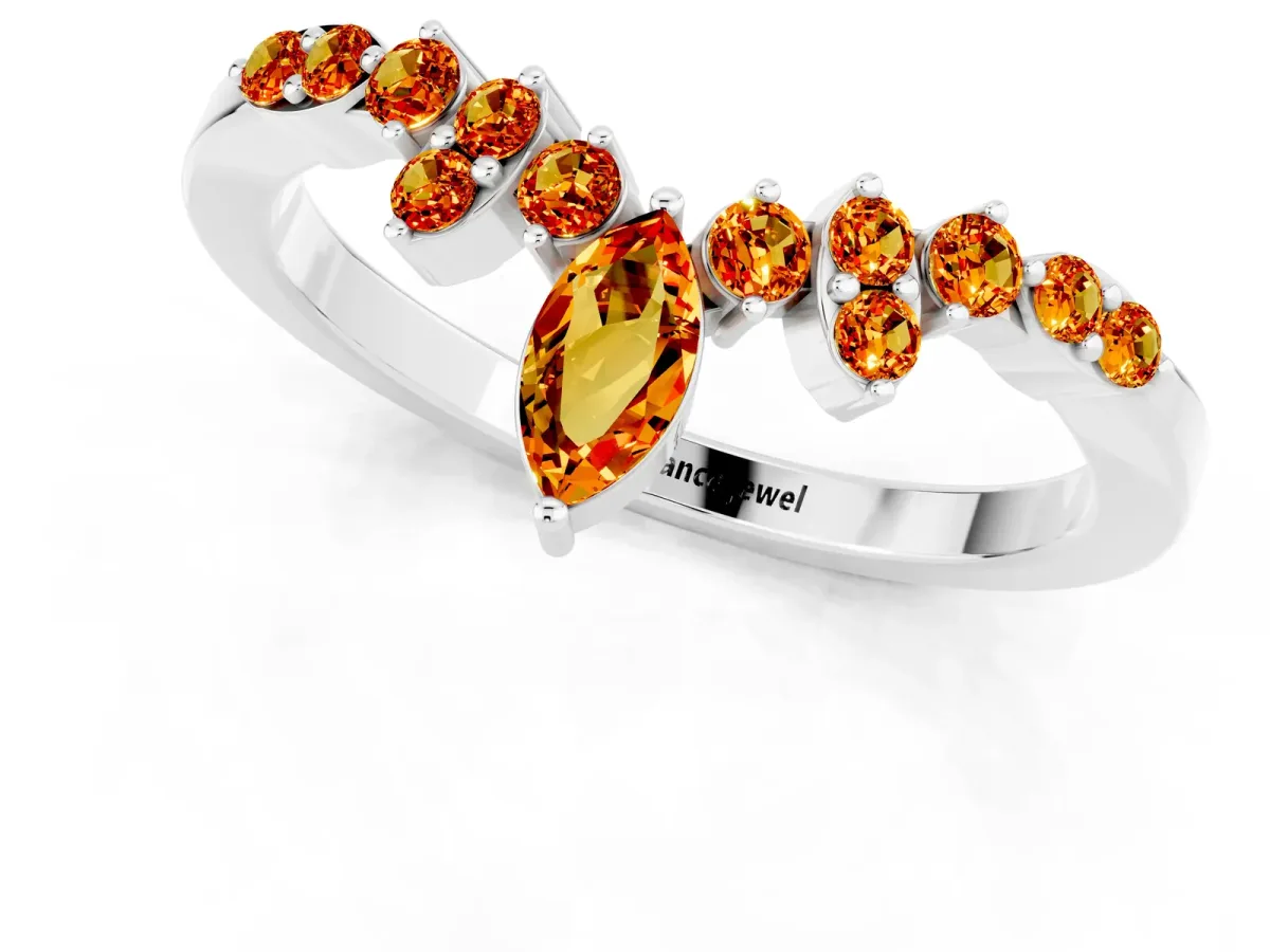Marquise and Round Citrine Chevron Band with Prong Setting Silver