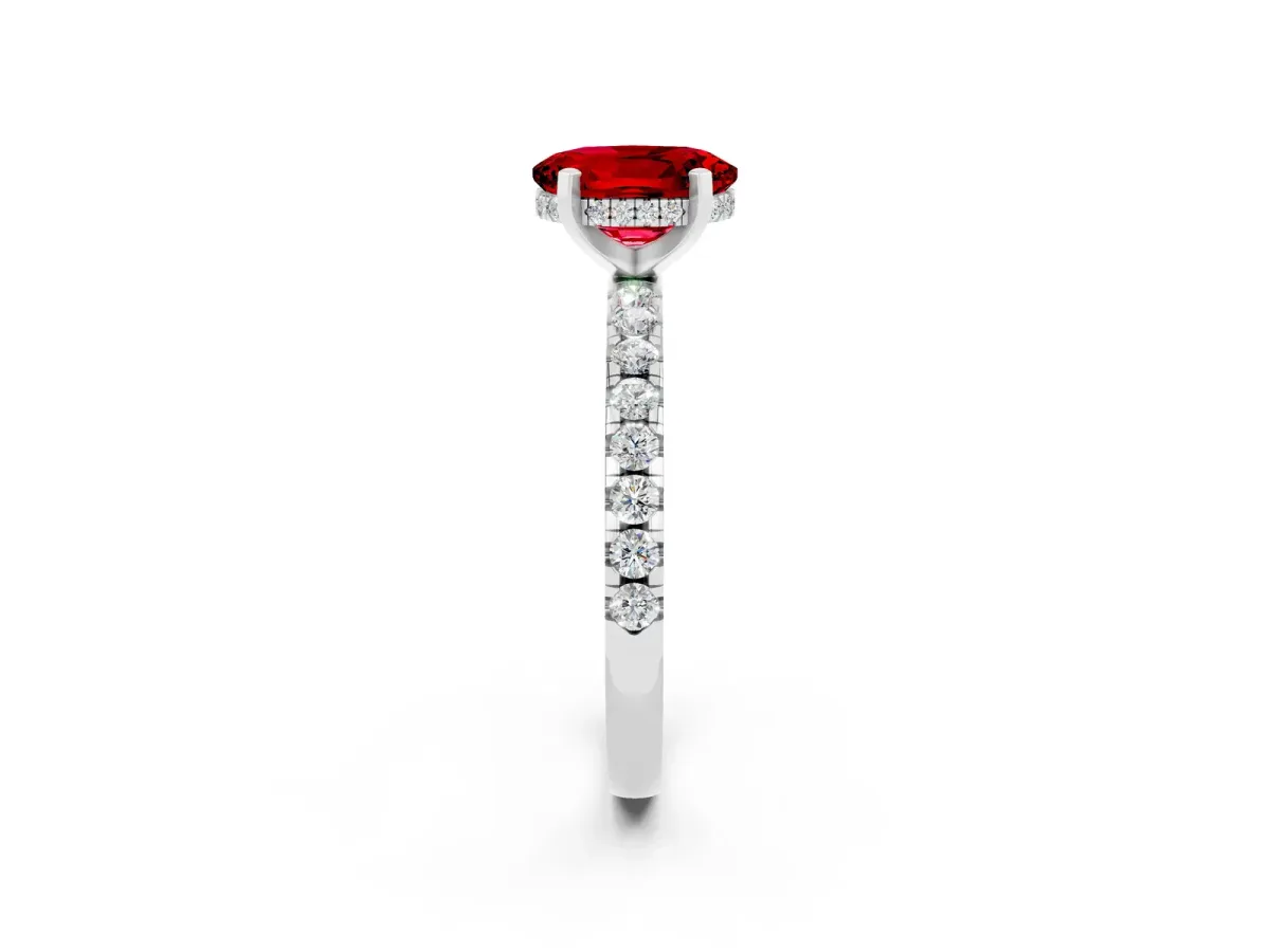 Oval Cut Ruby Solitaire Ring with Round Pavé Band and Four-Prong Setting Silver
