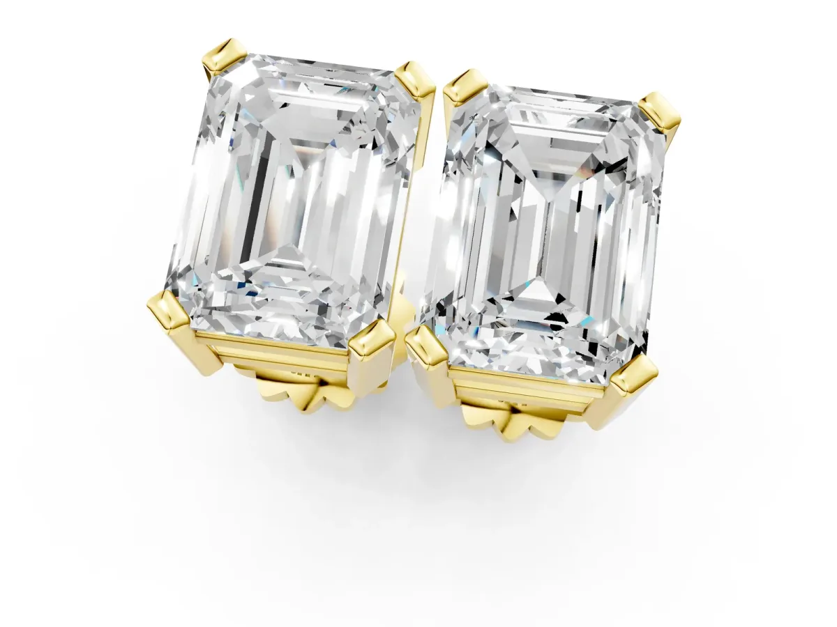 Emerald Cut Diamond Stud Earrings Yellow gold