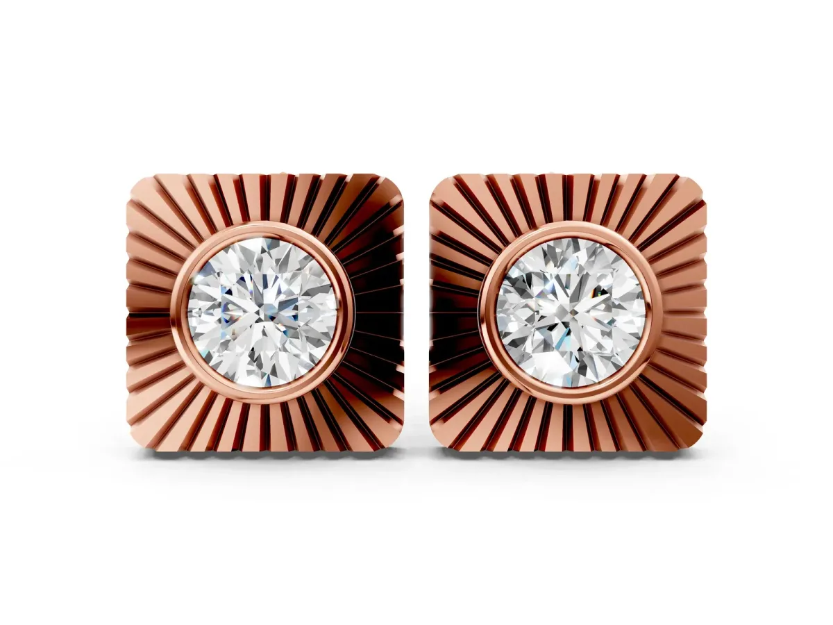 Round Diamond Sunburst Square Stud Earrings Rose gold