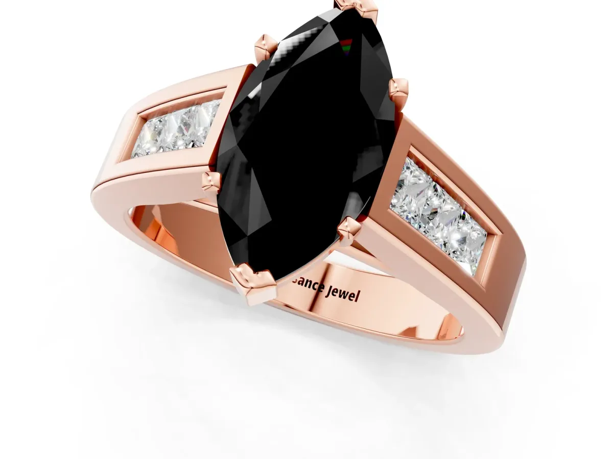 Fancy Black Marquise Cut Cut Channel Set Solitaire Ring with Four-Prong Setting Rose gold
