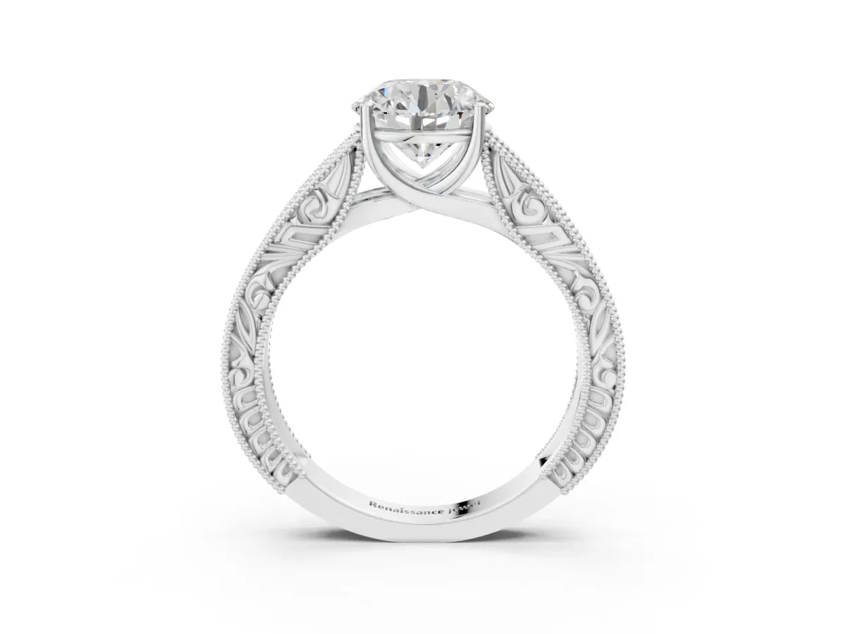 Round Cut Diamond Solitaire Ring with Engraved Band and Four-Prong Setting White gold