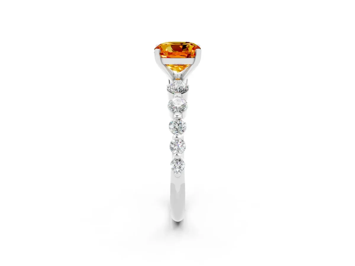 Cushion Cut Solitaire Citrine Ring with Pave Band and Four-Prong Setting Platinum