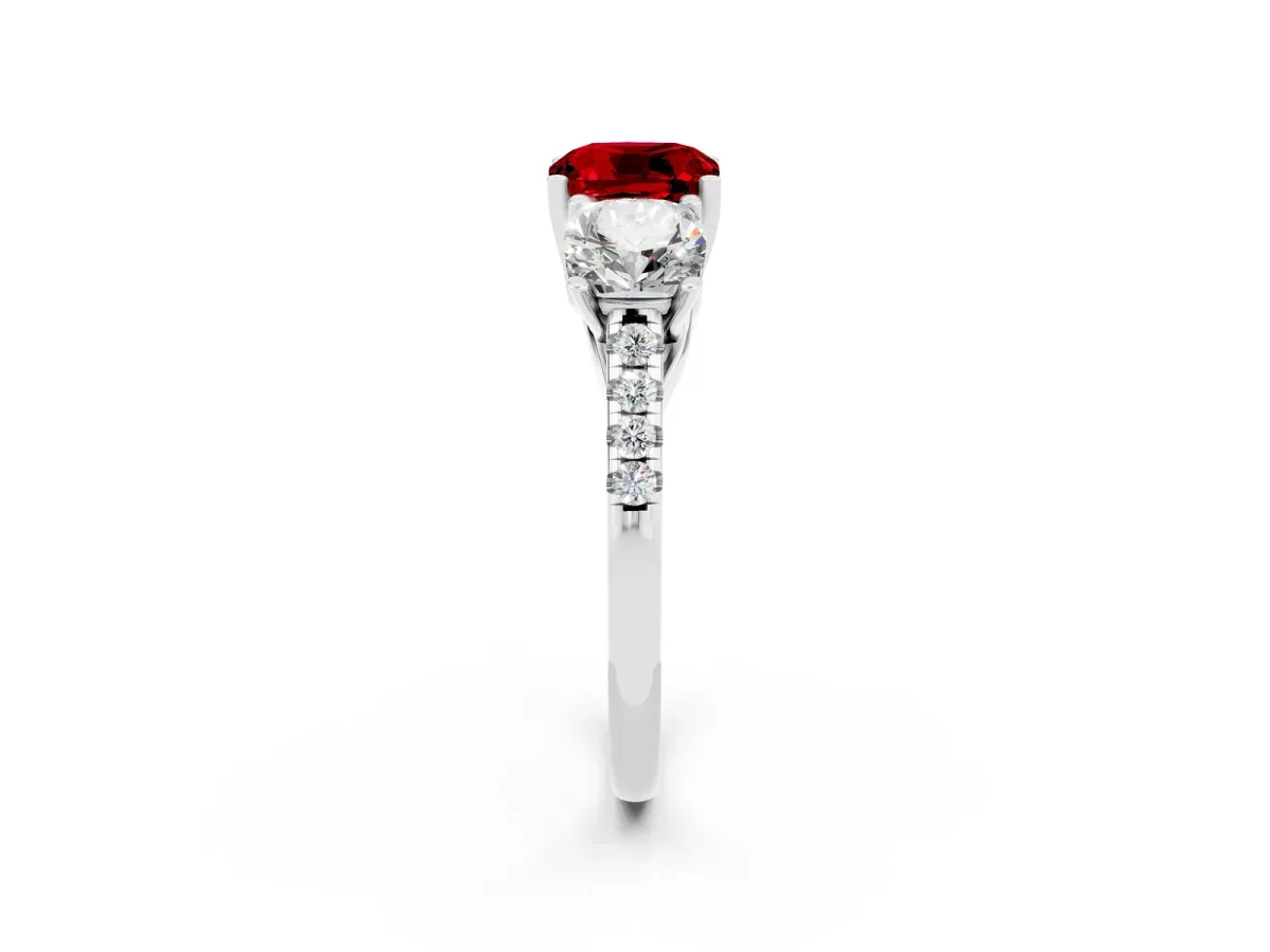 Three-Stone Cushion Cut Ruby Ring with Round Pavé Band and Prong Setting White gold