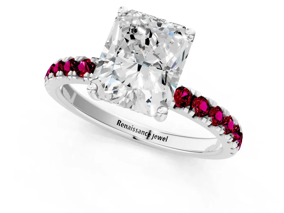 Radiant Cut Diamond Pave Band Solitaire Ring with Round Garnet and Prong Setting Silver
