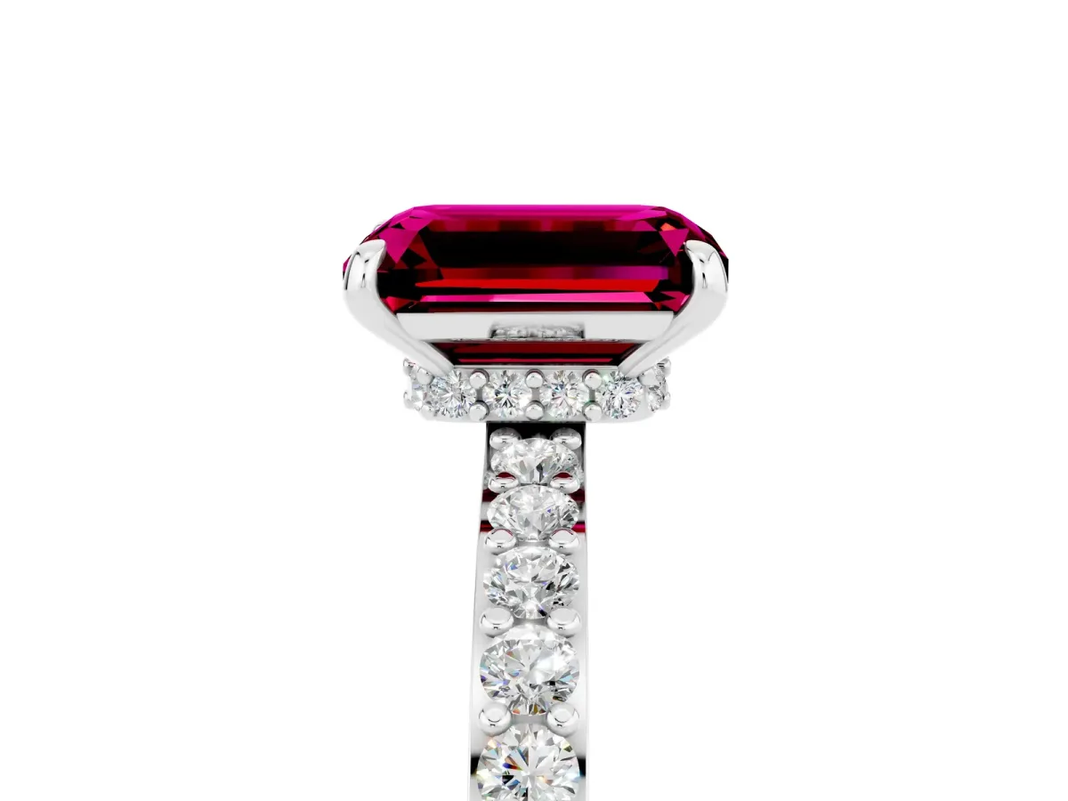Emerald Cut Garnet Solitaire Engagement Ring with Pavé Band and Four-Prong Setting Silver