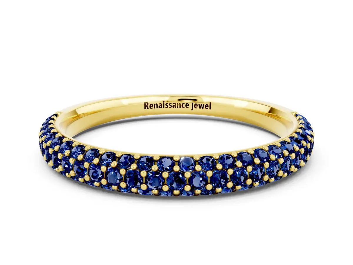 Round Blue Sapphire Pavé Eternity Band with Shared Prong Setting Yellow gold