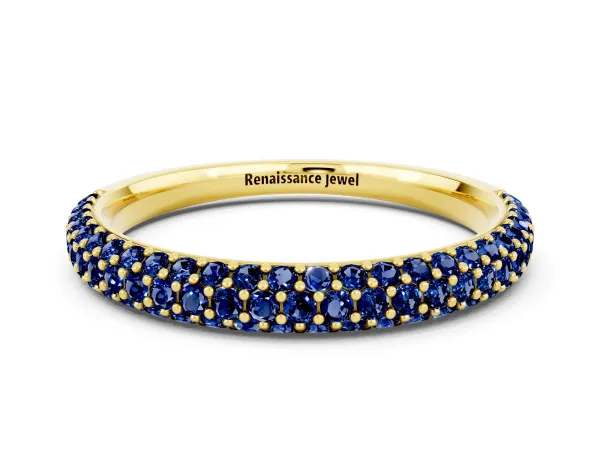 Round Blue Sapphire Pavé Eternity Band with Shared Prong Setting Yellow gold