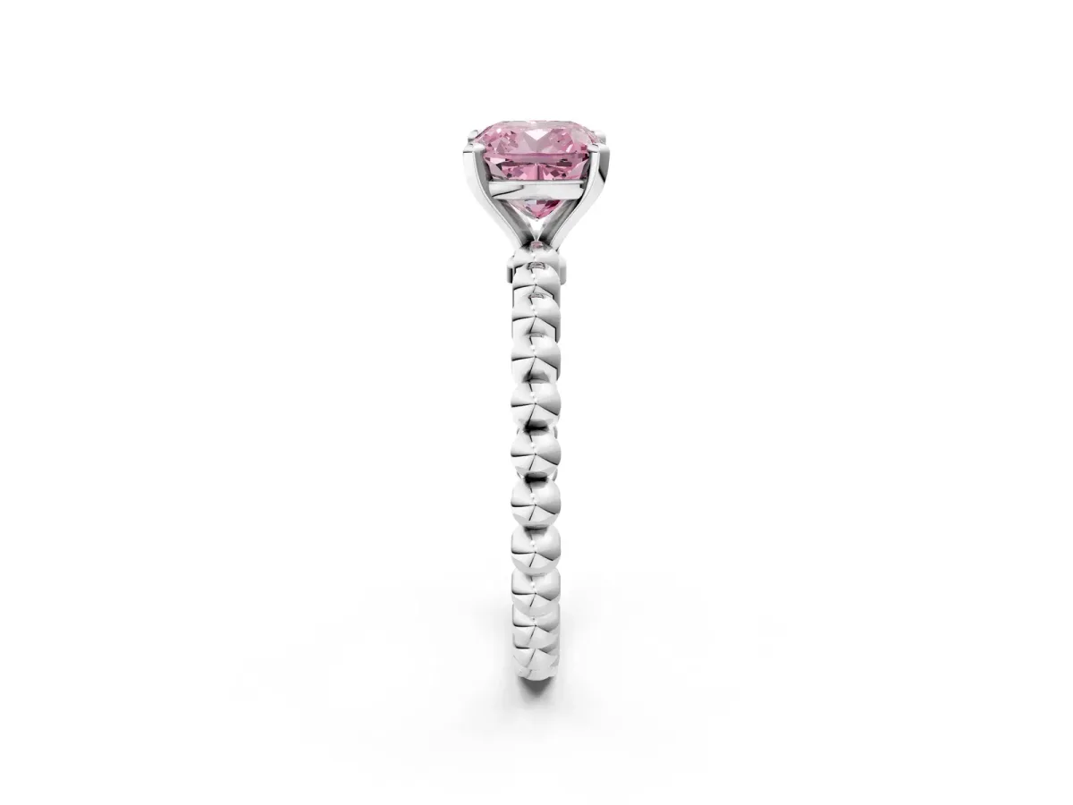 Fancy Pink Cushion Cut Diamond Solitaire Ring with Beaded Band and Prong Setting Platinum
