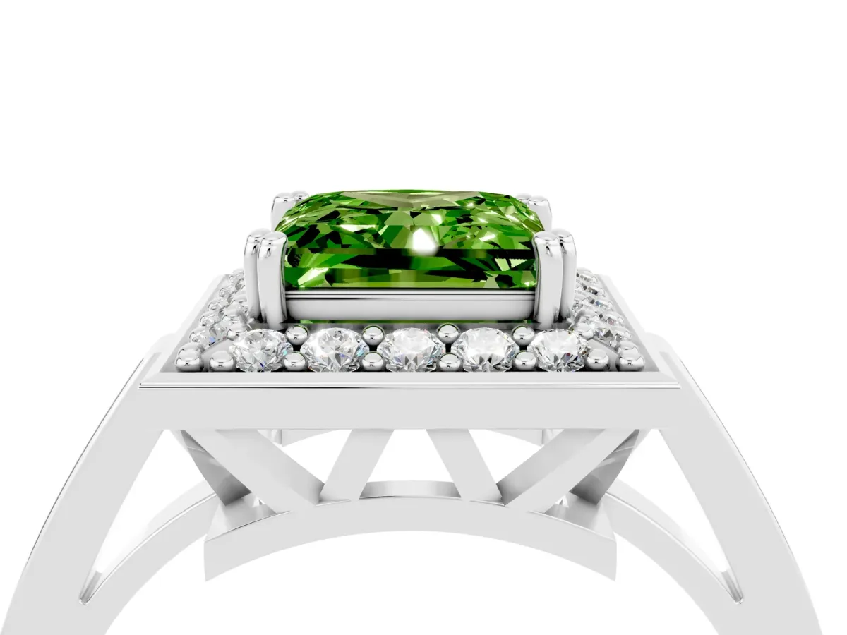Princess Cut Peridot Halo Ring with Split Shank and Four-Prong Setting Platinum
