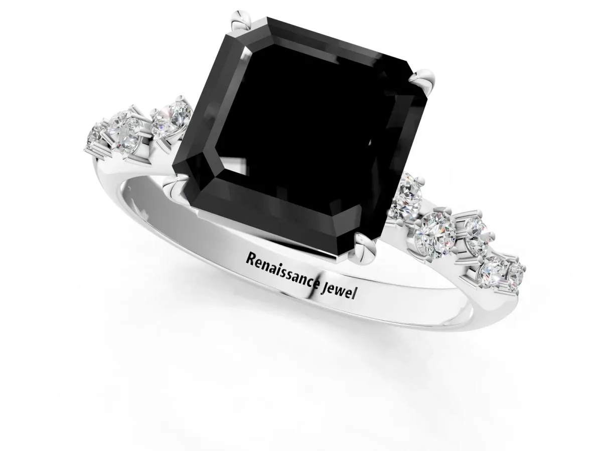 Fancy Black Asscher Cut Diamond Cluster Side Stone Solitaire Ring with Prong Setting Platinum