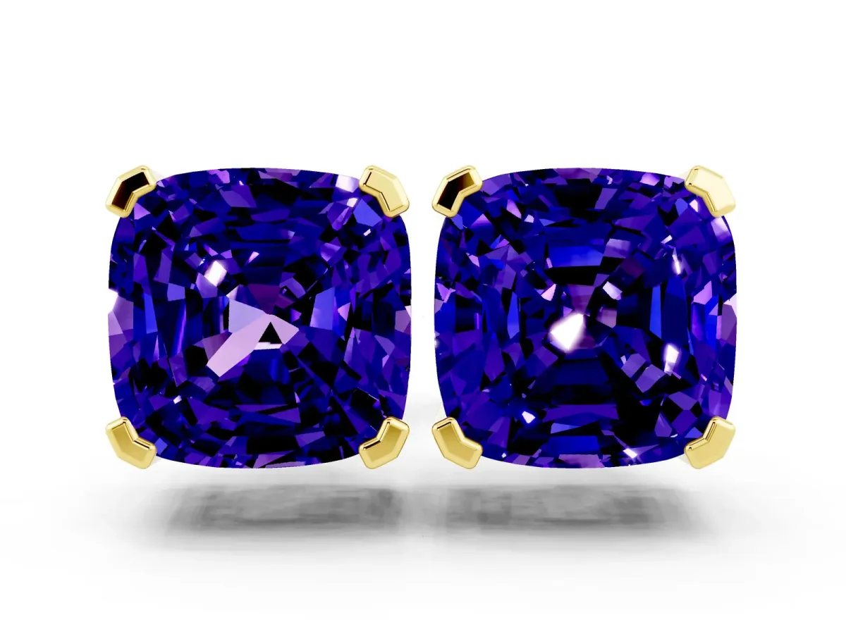 Cushion Cut Tanzanite Stud Earrings Yellow gold