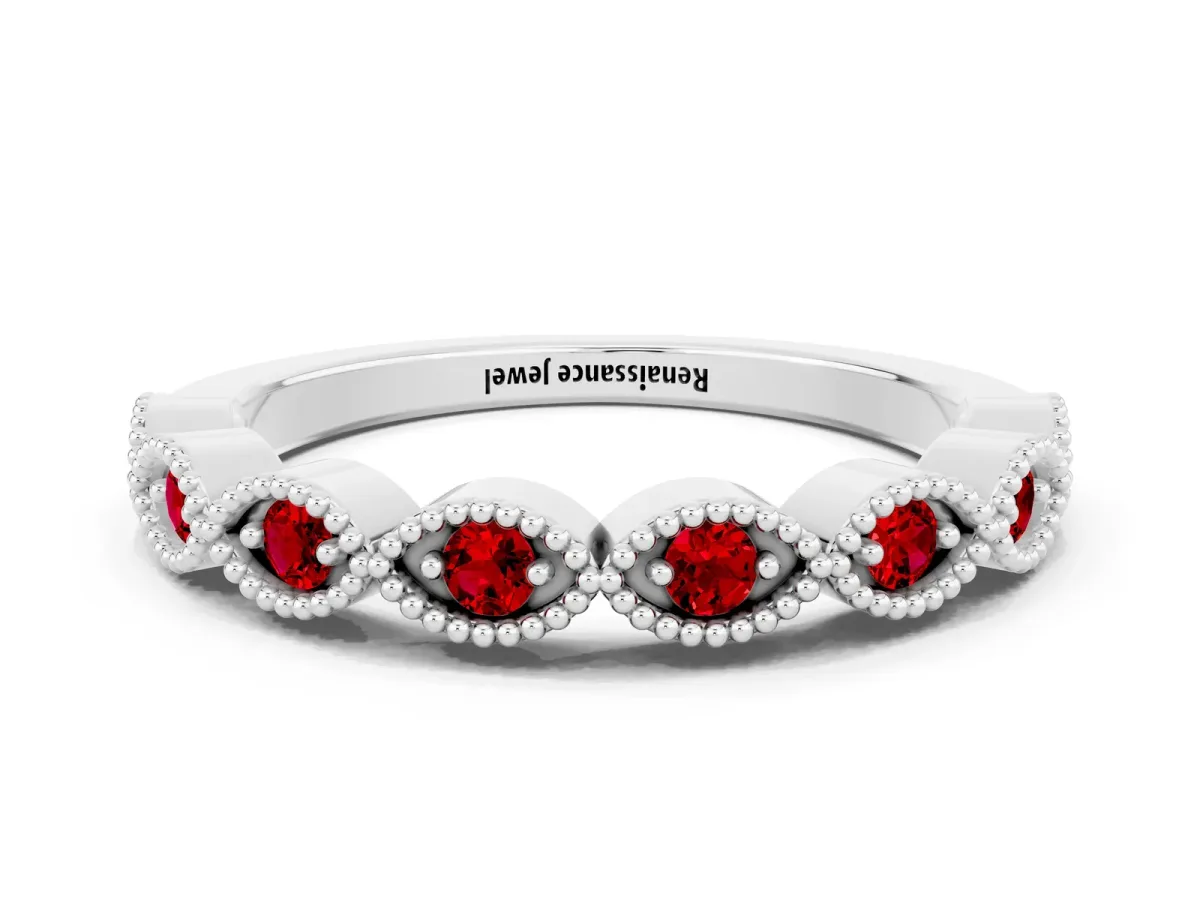 Milgrain Marquise Ruby Half Eternity Band with Bezel Setting Silver