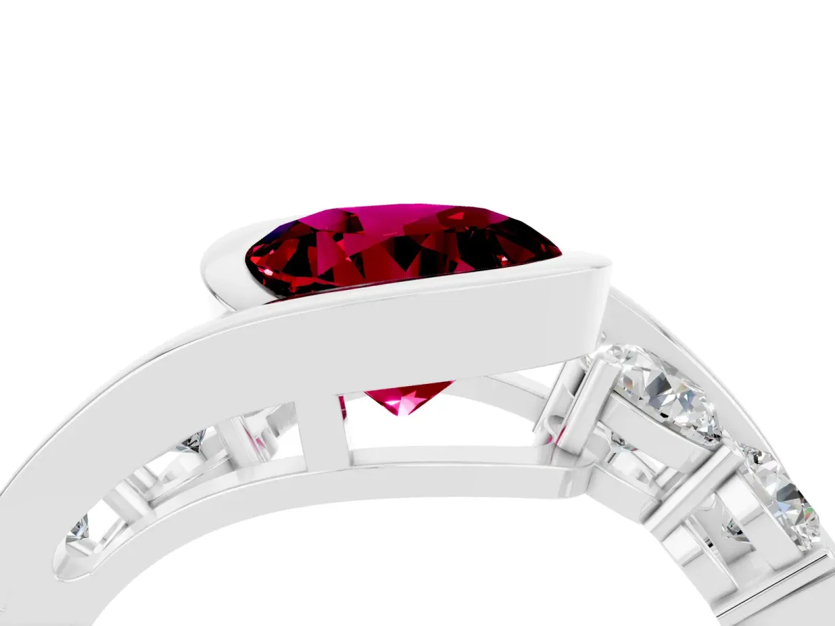 Bezel Set Round Cut Garnet Bypass Ring with Round Accents Silver