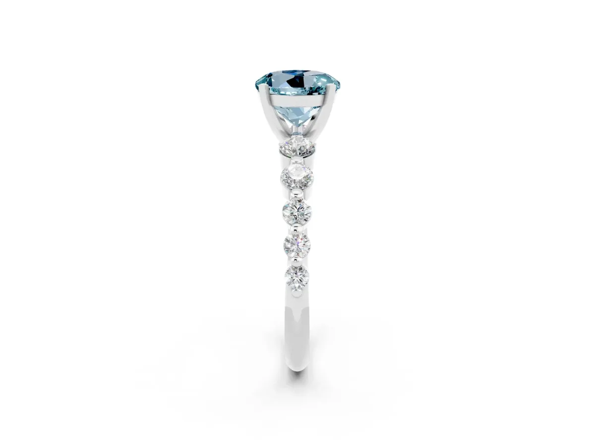 Round Cut Solitaire Aquamarine Ring with Pave Band and Four-Prong Setting Silver