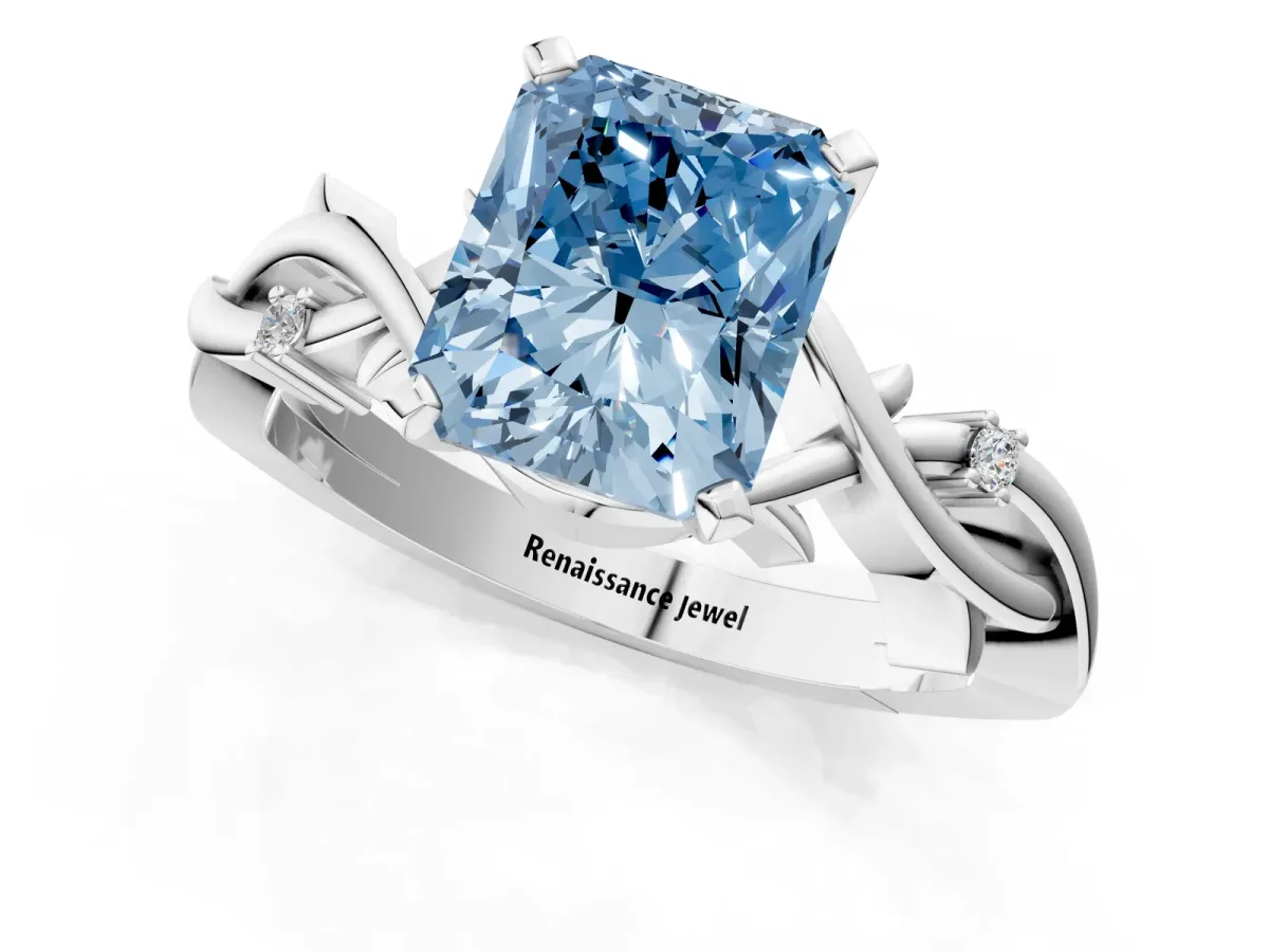 Fancy Blue Radiant Cut Diamond Solitaire Ring with Twisted Band and Prong Setting Platinum
