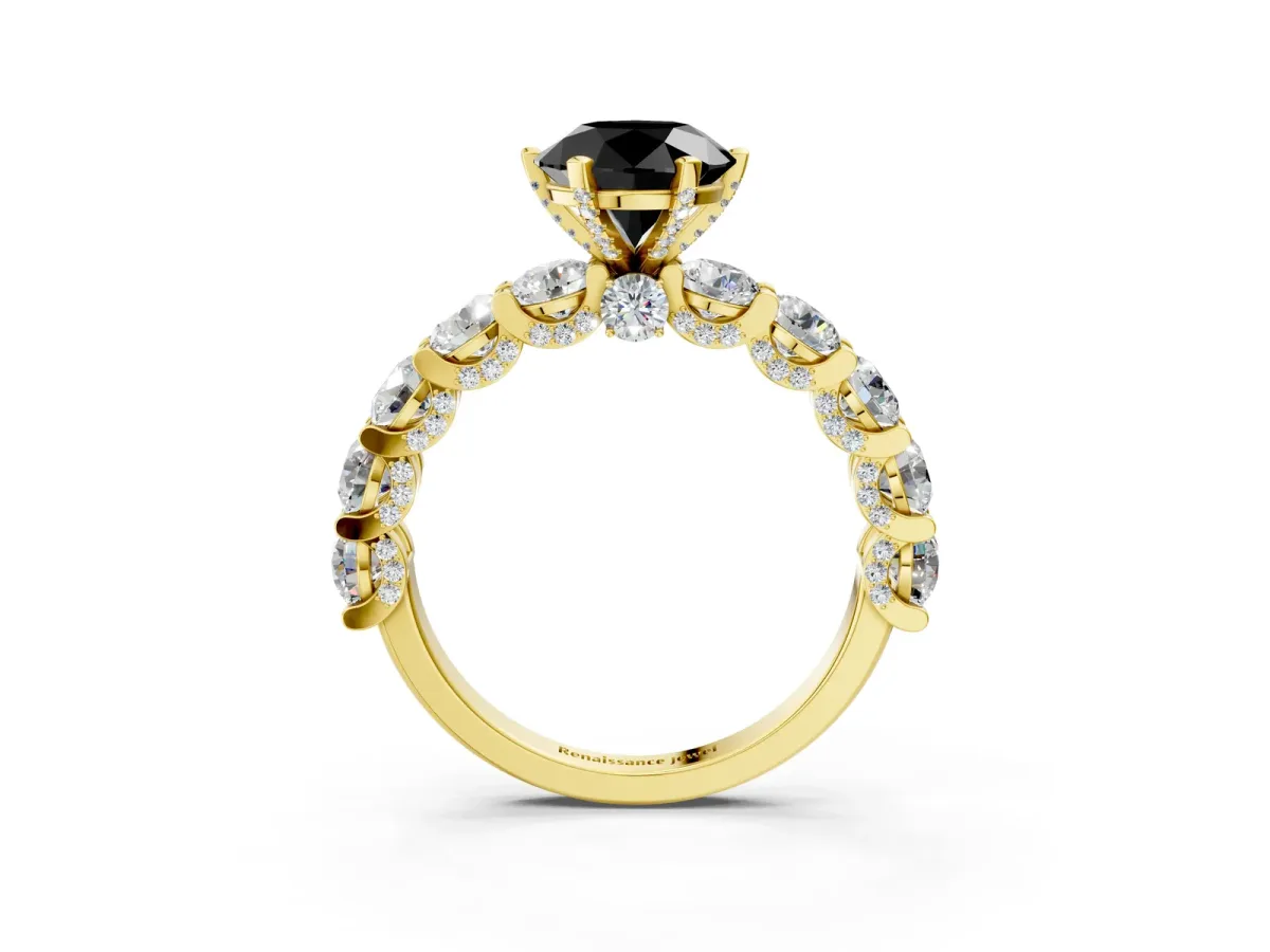 Fancy Black Round Cut Diamond Side Stone Engagement Ring with Four-Prong Setting Yellow gold