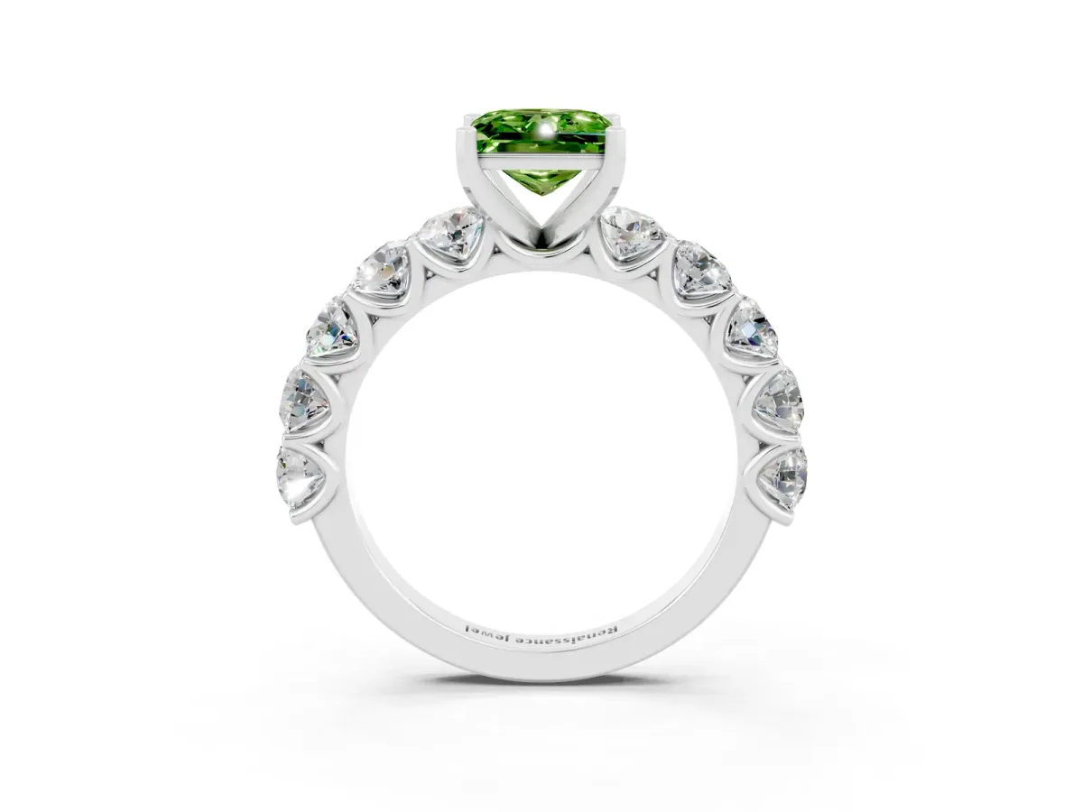 Princess Cut Peridot Prong Setting with Side Stones on a Pave Band Silver
