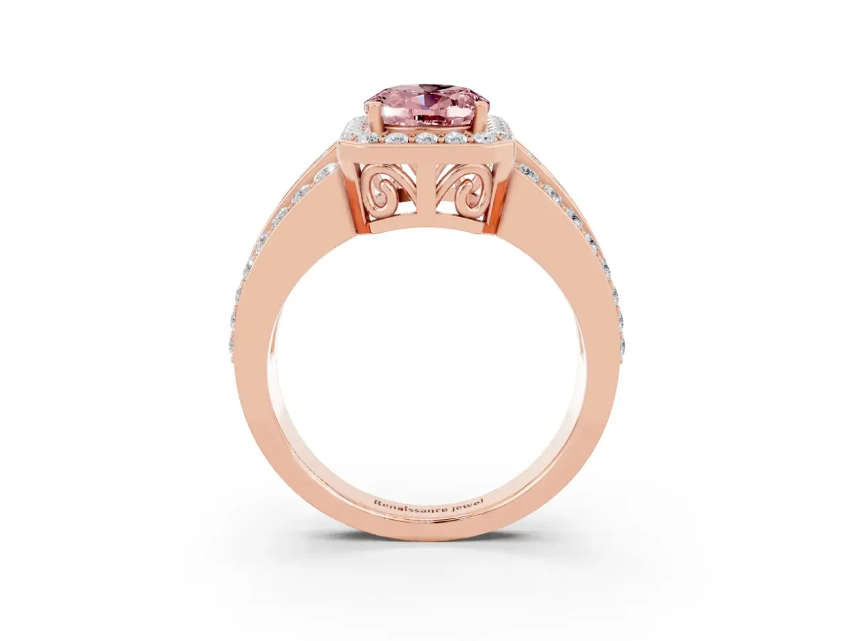 Oval Cut Halo Morganite Ring with Round Split Shank and Prong Setting Rose gold