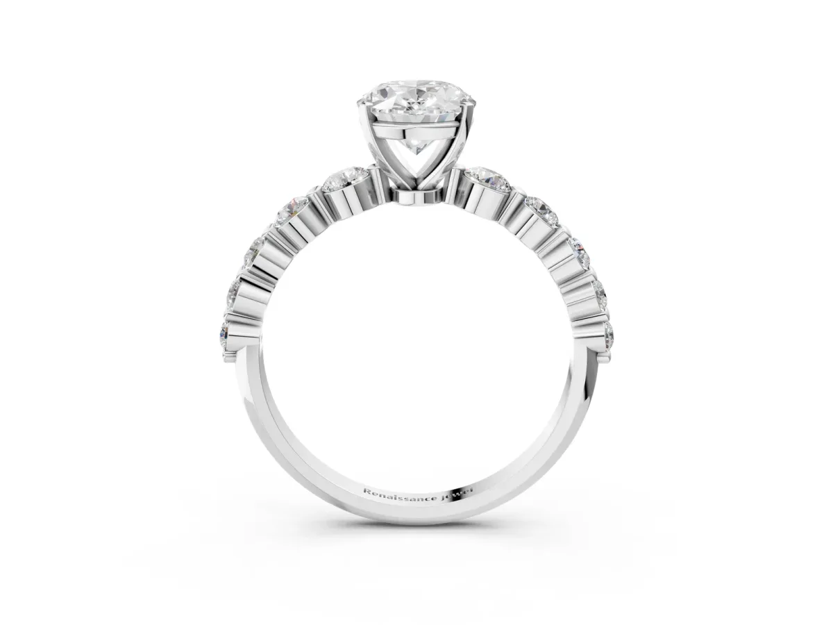 Oval Cut Solitaire Diamond Ring with Pave Band and Four-Prong Setting Silver