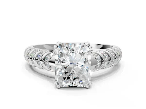 Radiant Cut Solitaire Chevron Pave Diamond Engagement Ring with Six-Prong Setting Platinum