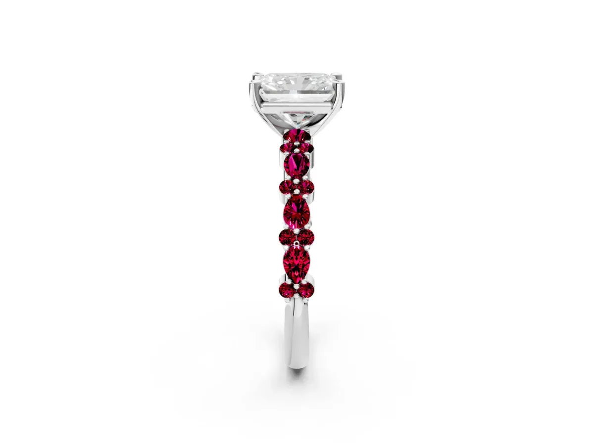 Radiant Cut Diamond Side Stone Solitaire Ring with Round Garnet and Four-Prong Setting Platinum